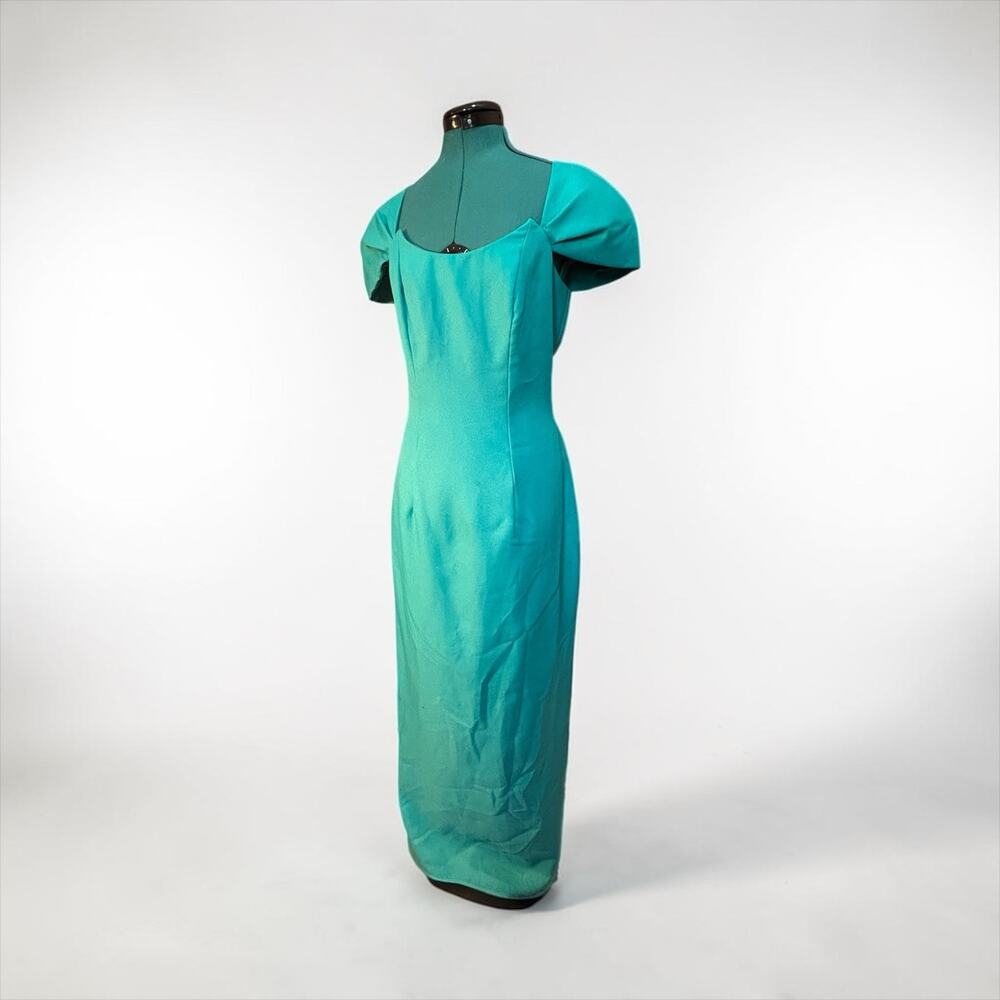 Vintage Turquoise Satin Gown Dramatic Cage Back Puff Sleeve Column Dress Sz 8